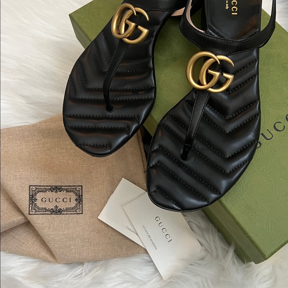 New Gucci GG marmont Double G black leather sandals - Picture 8 of 10